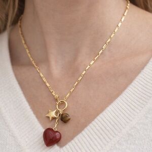 Madewell Gold Chain Necklace with Red Heart, Star & Brown Bead